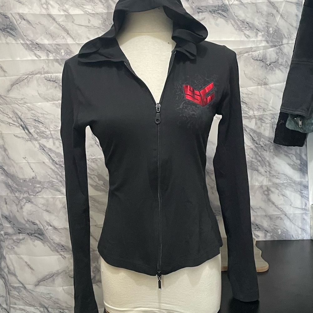 Stylish Black Zip-Up Jacket with Red Detail